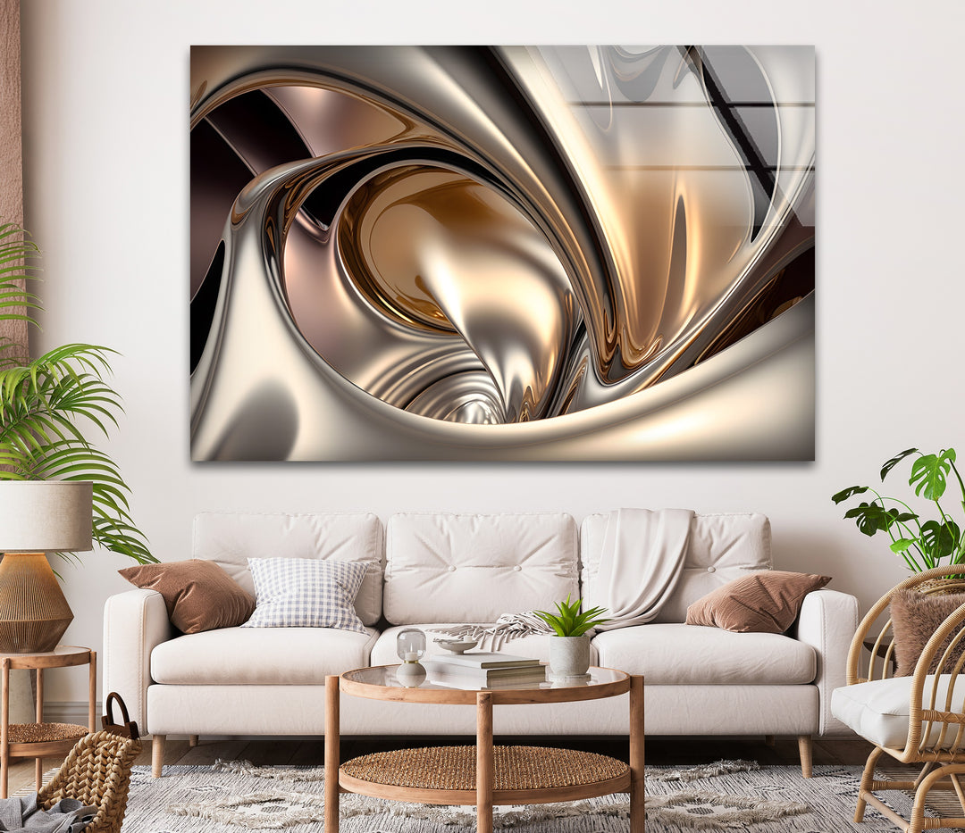 Champagne Alloy Flow – Abstract Gold & Silver Chrome Glass Wall Art