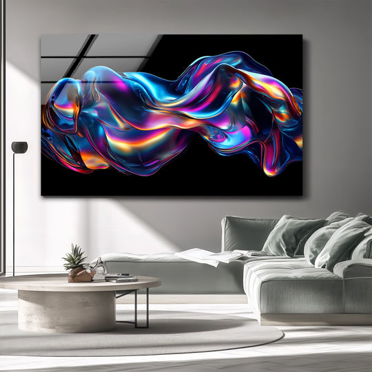 A vibrant neon liquid chrome flow abstract glass wall art piece electrifies this modern living space with its chromatic shimmer.