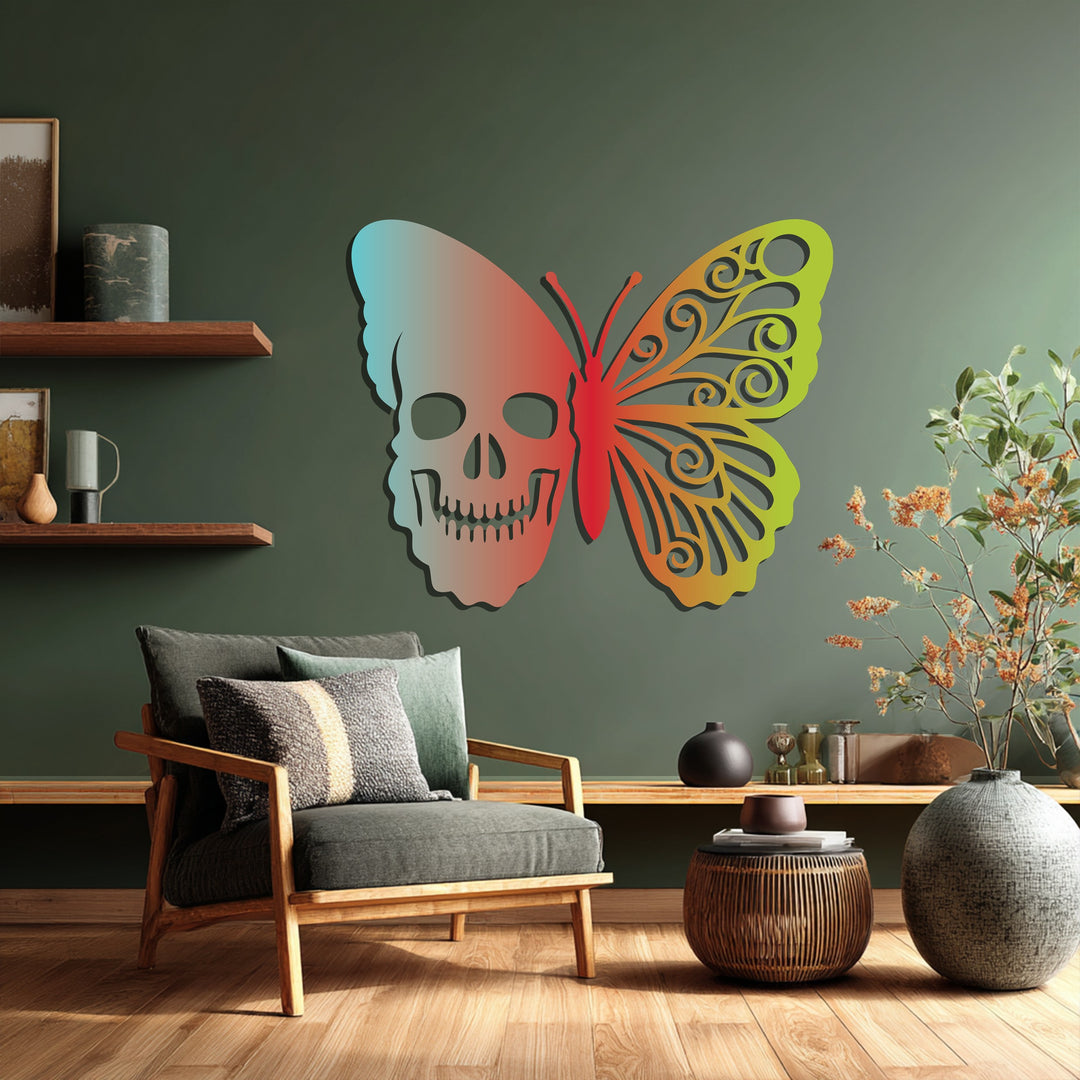 Ethereal Duality Skull Butterfly Metal Wall Art – Colorful Symbolic Design