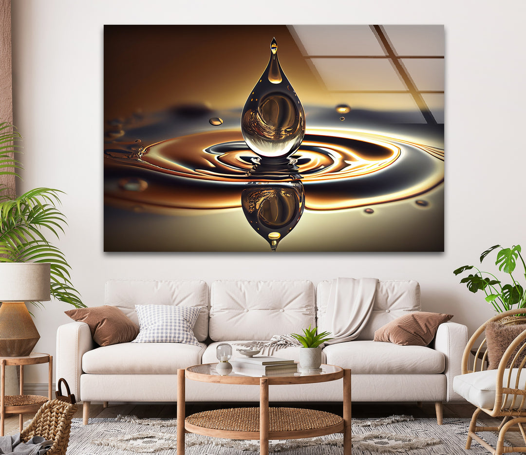 GoldenFlux Droplet Resonance – Liquid Harmony Glass Wall Art