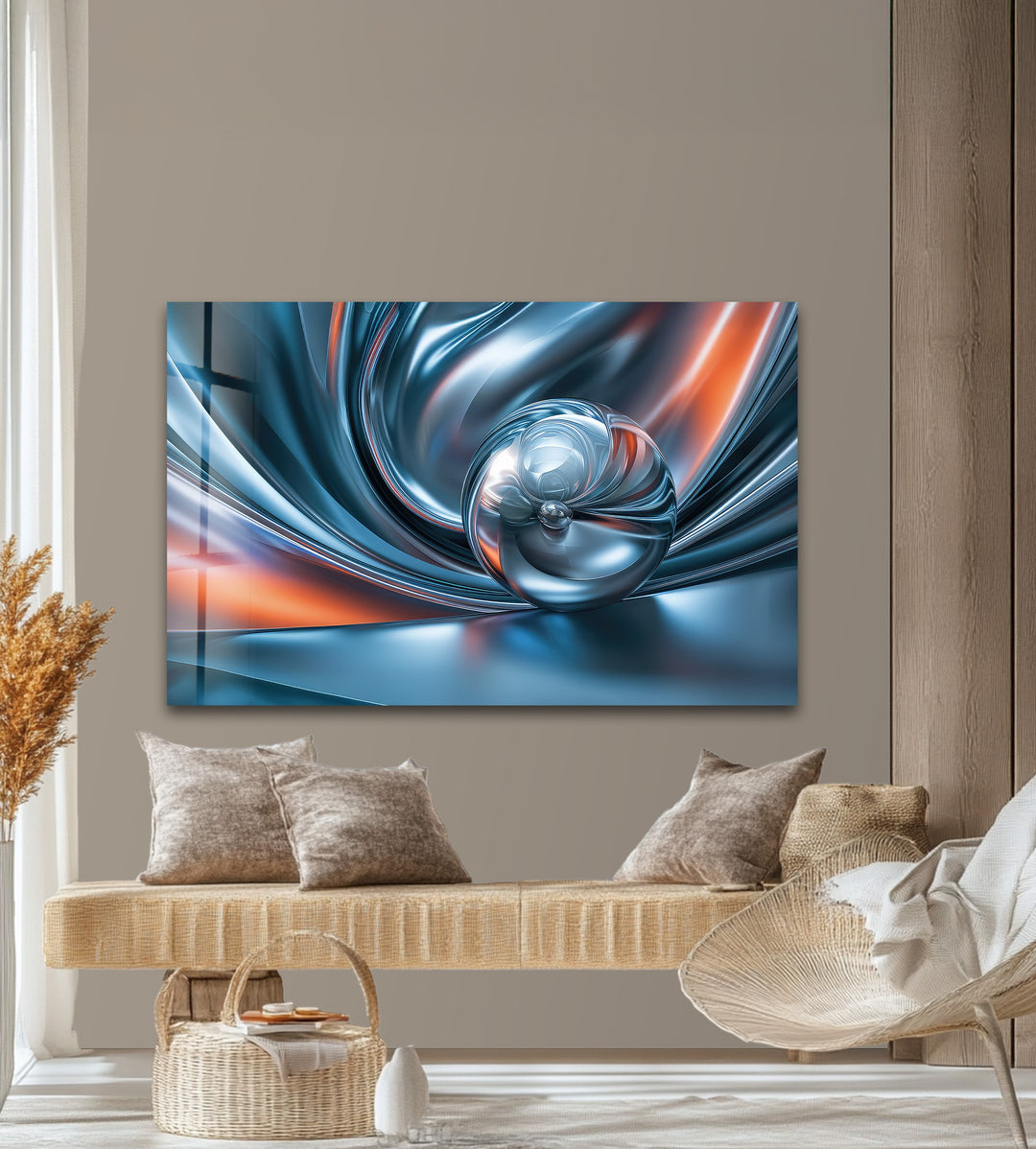 Chromatic Sphere Drift – Abstract Blue Silver Orb Glass Wall Art