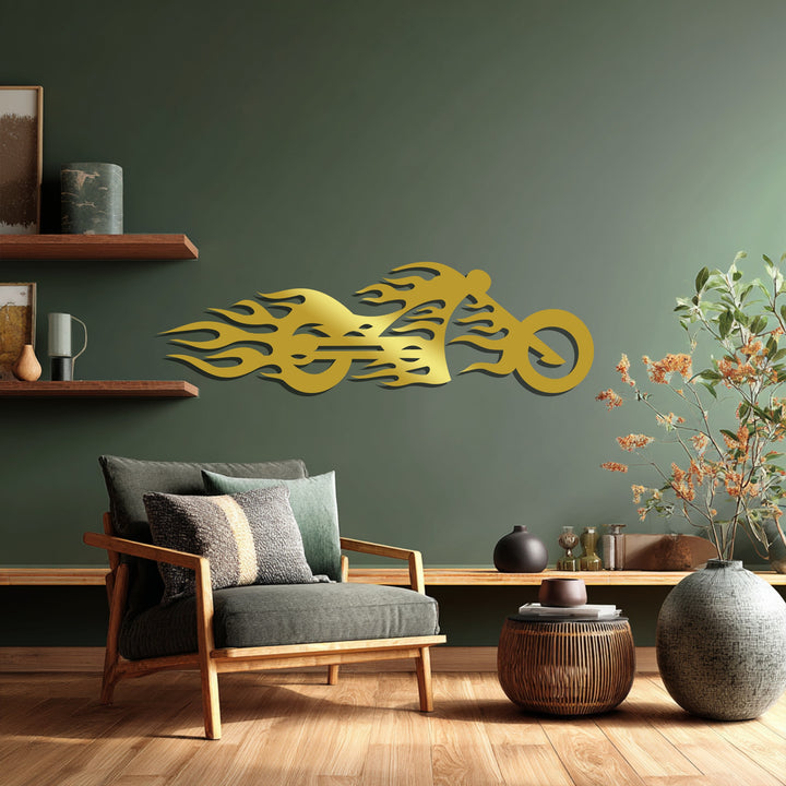 Golden finish accentuates the bold flaming motorcycle metal artwork, offering speed-inspired modern metal decor.