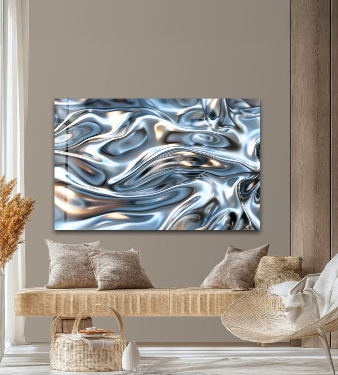 Molten Silver Drift – Abstract Metallic Fluid Glass Wall Art
