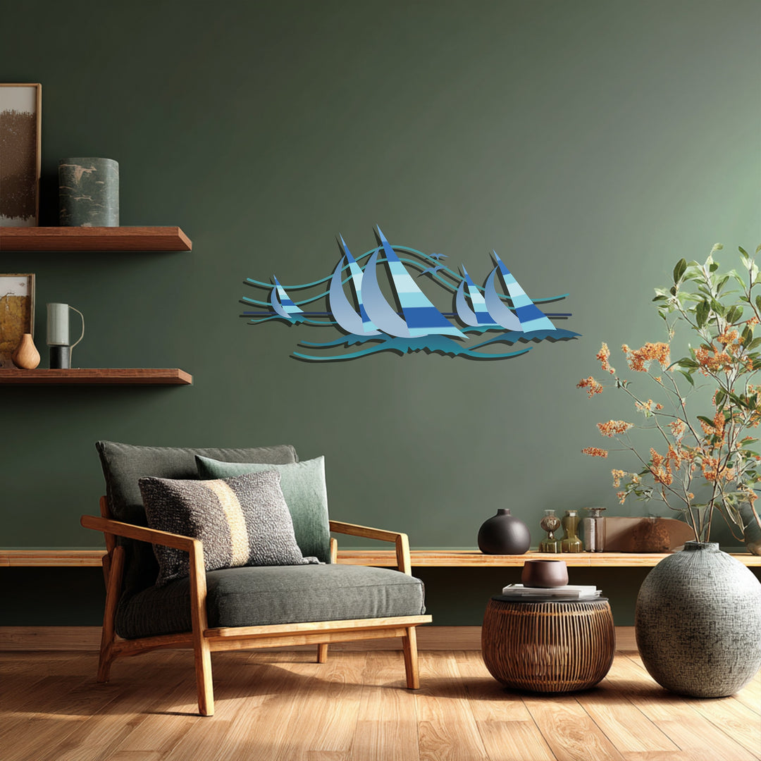 Sailing Harmony Metal Wall Art – Modern Blue Nautical Decor