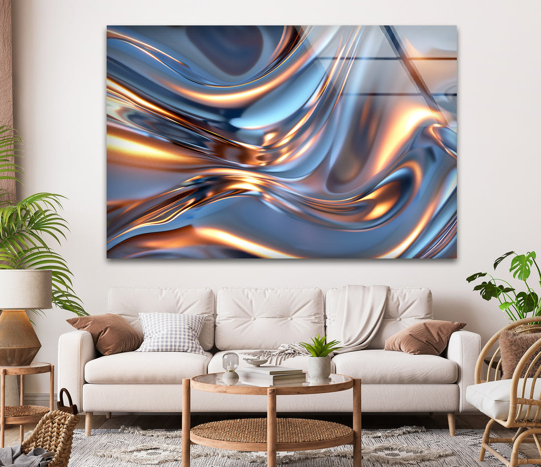 Arctic Ember Alloy – Abstract Silver & Copper Wave Glass Wall Art