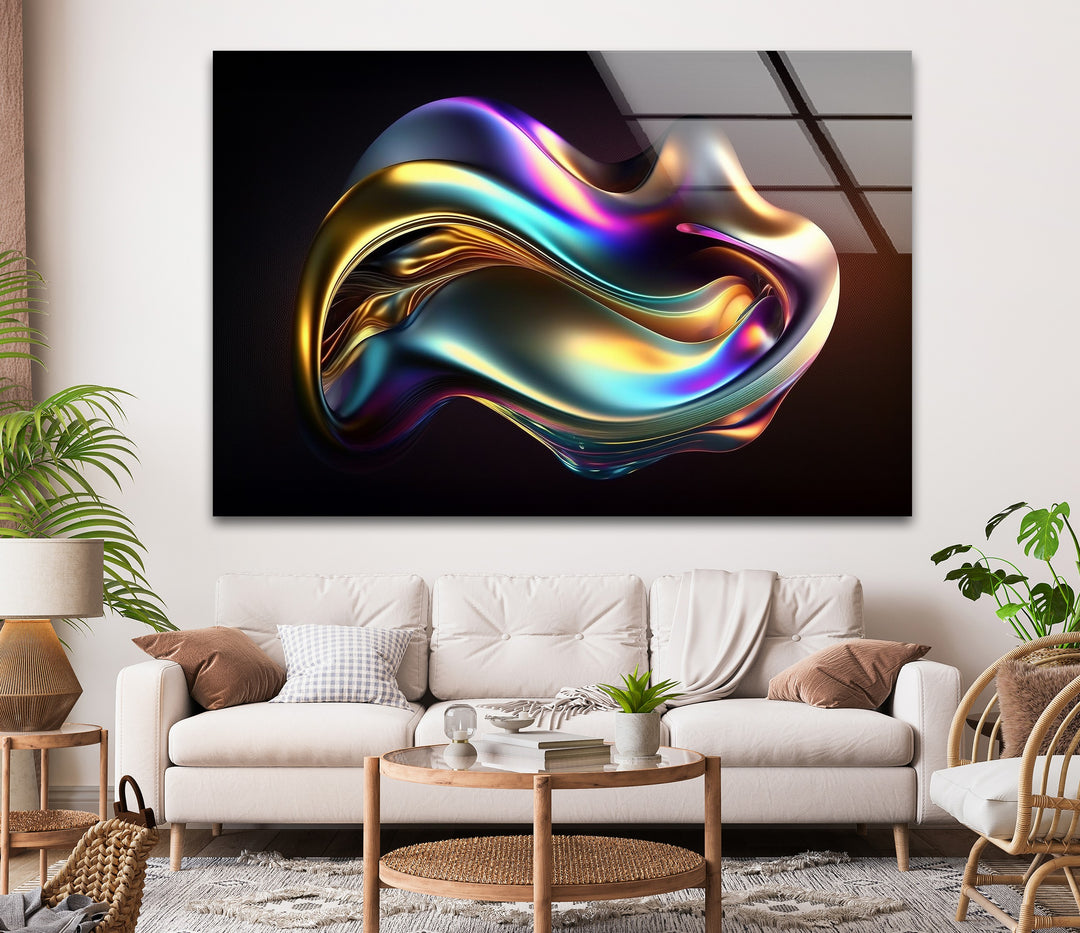 Aurora Chrome Wave – Iridescent Metallic Flow Glass Wall Art