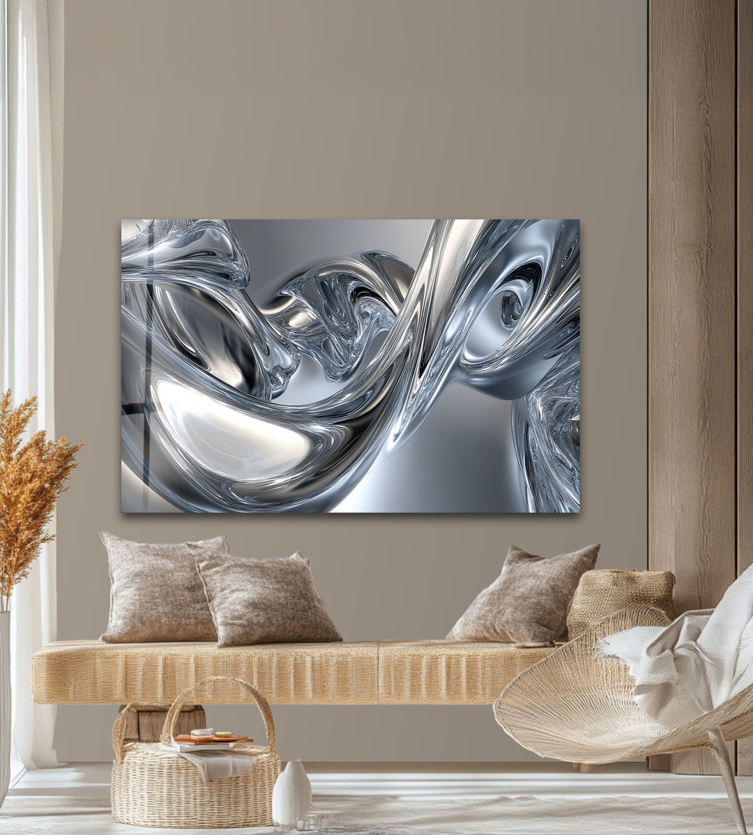 Silver Liquid Contours – Abstract Chrome Flow Glass Wall Art