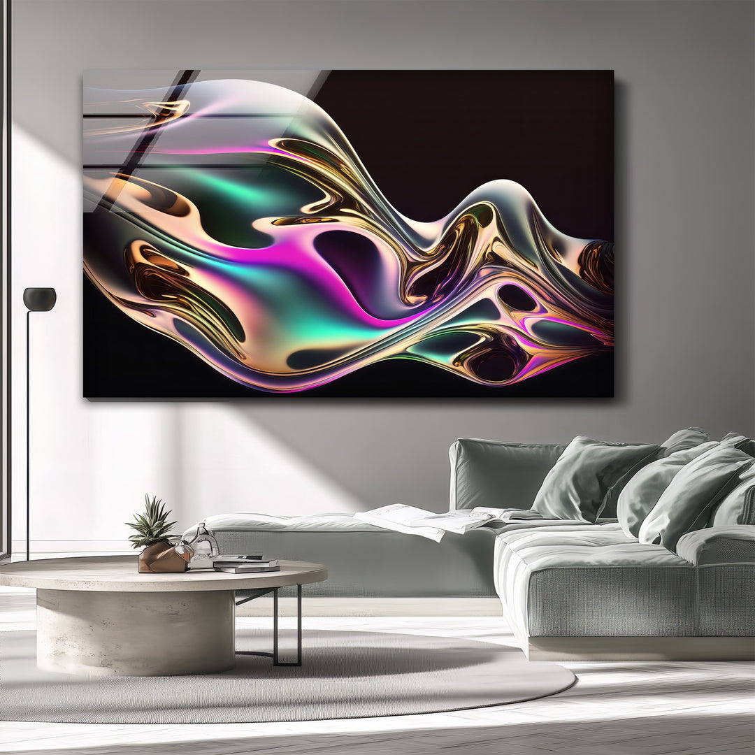 Neon Mirage Flow – Iridescent Metallic Wave Glass Wall Art