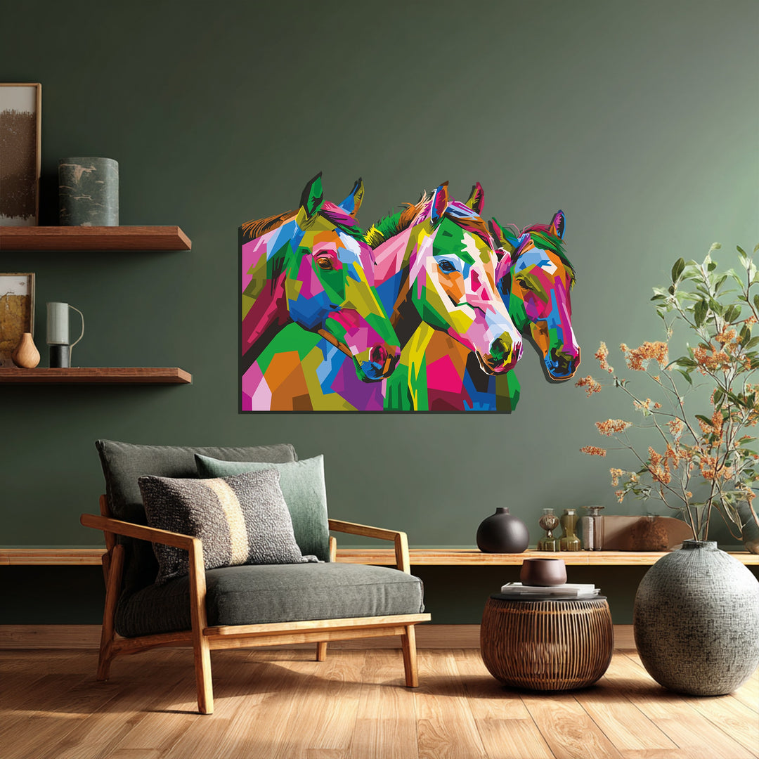 Trio of Horses Metal Wall Art – Vibrant Abstract Animal Wall Decor