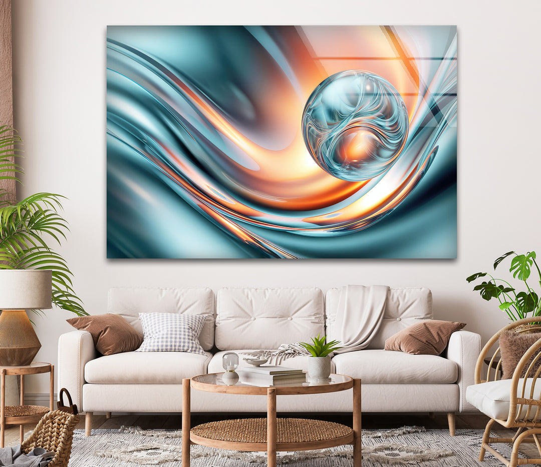 Aqua Ember Orb – Abstract Chrome Wave Glass Wall Art