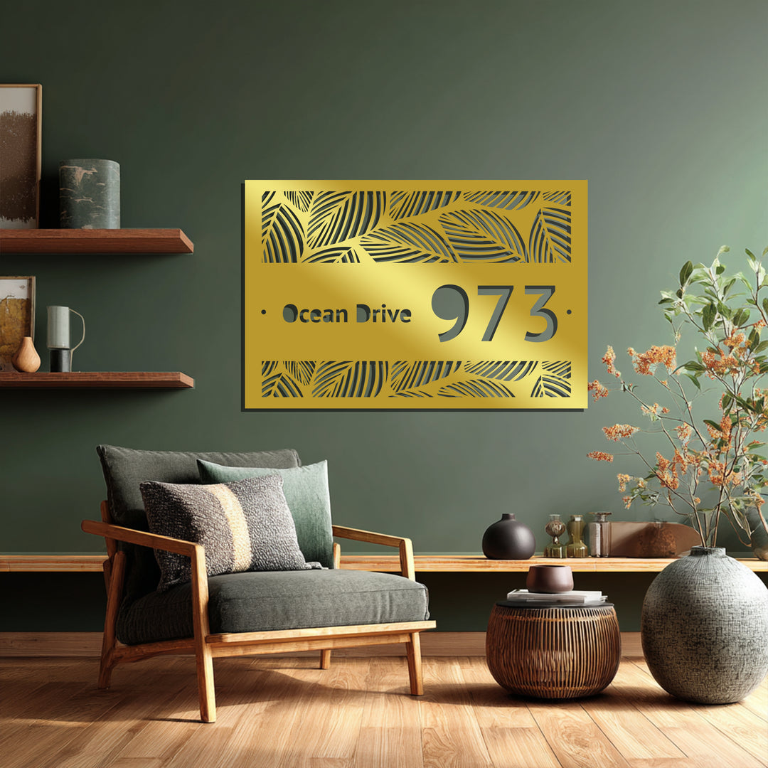Custom Metal Address Plaque – Tropical Leaf Design House Number Sign