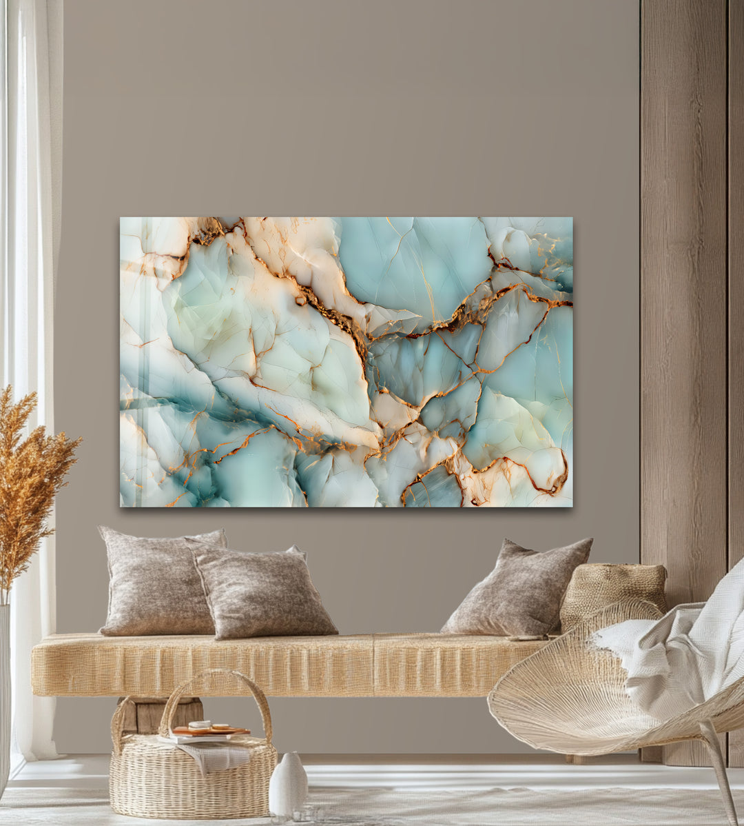 Crystalline Veins – Aqua Marble Glass Wall Art