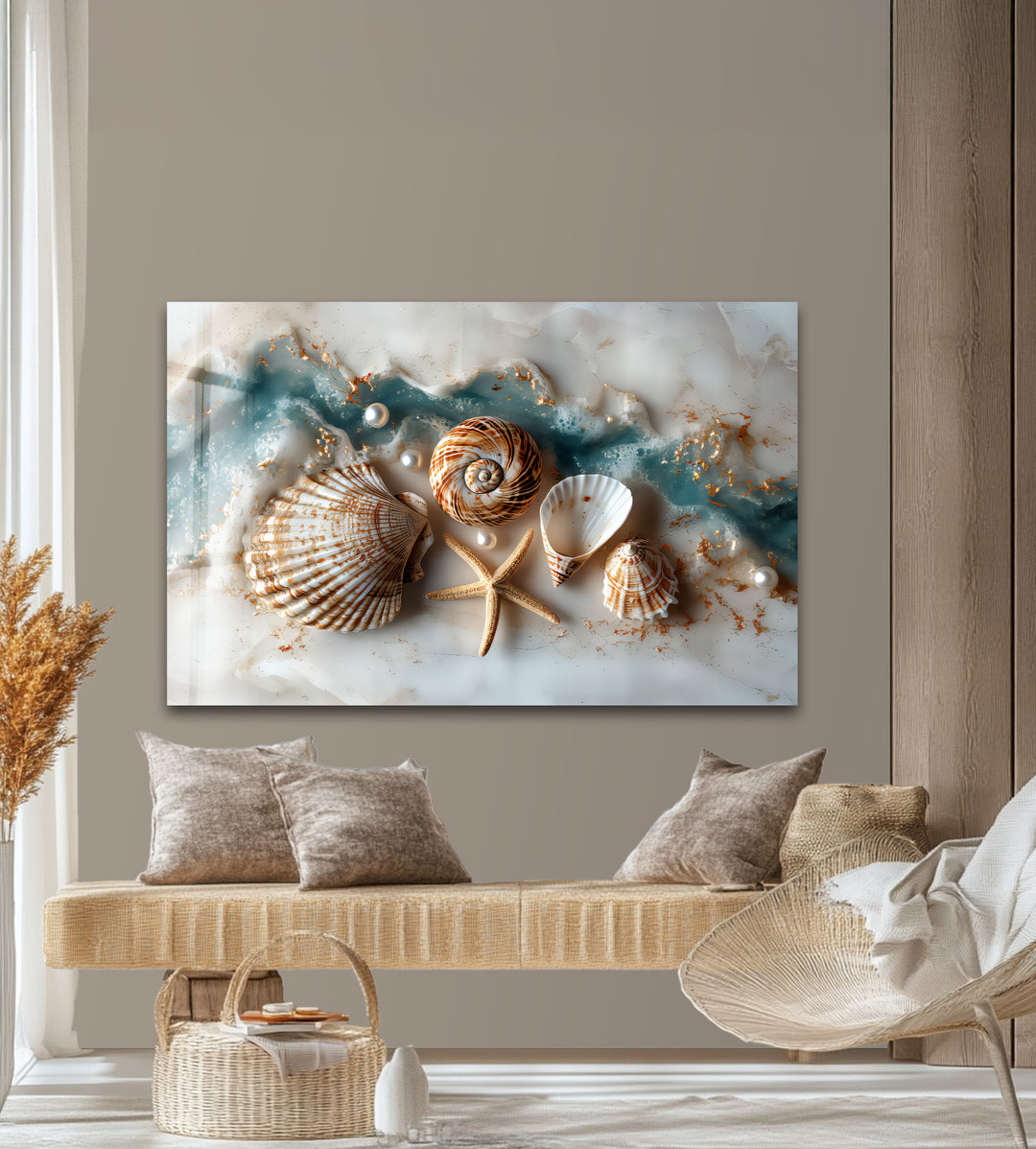 Coastal Treasures – Seashell & Ocean Pearl Glass Wall Art