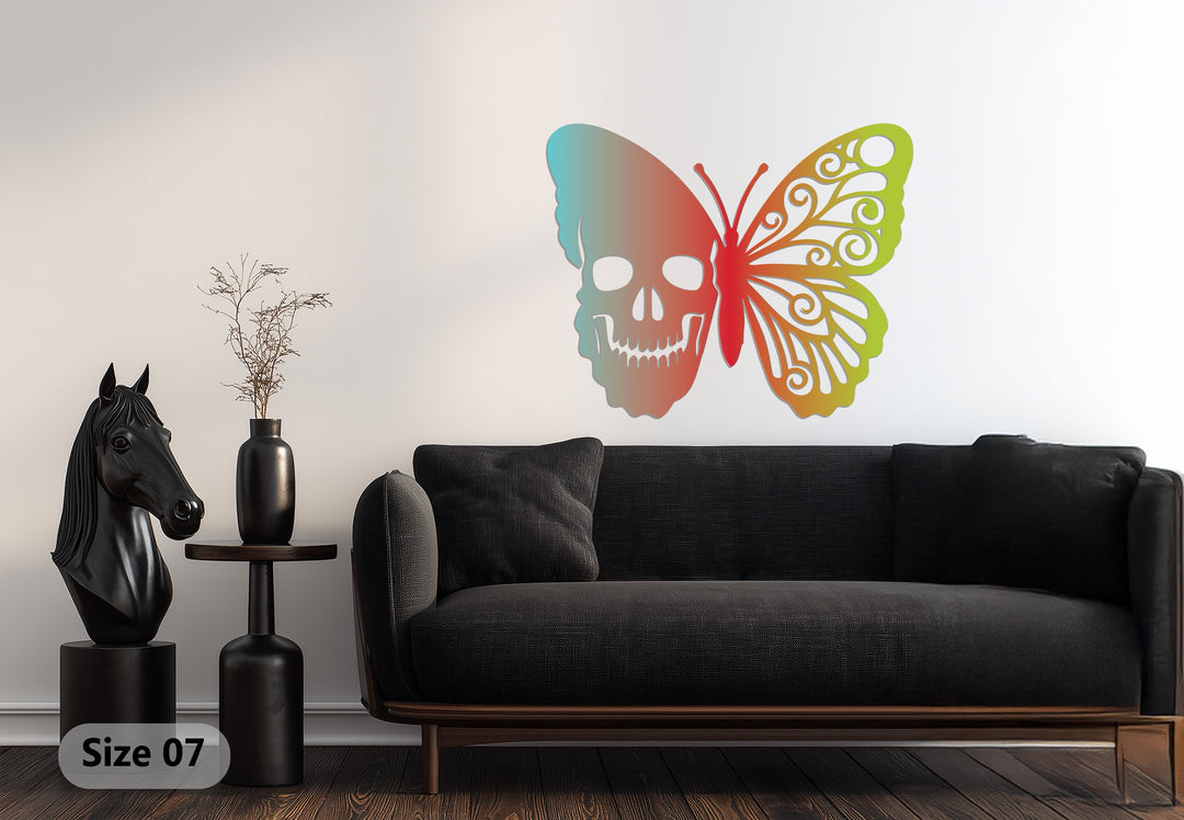 Ethereal Duality Skull Butterfly Metal Wall Art – Colorful Symbolic Design