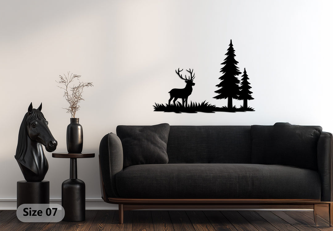 Lone Stag in Forest Metal Wall Art – Rustic Nature Design