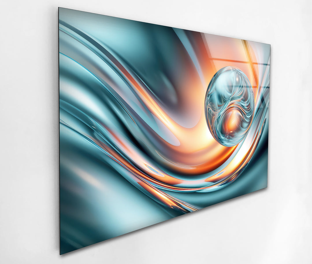 Aqua Ember Orb – Abstract Chrome Wave Glass Wall Art