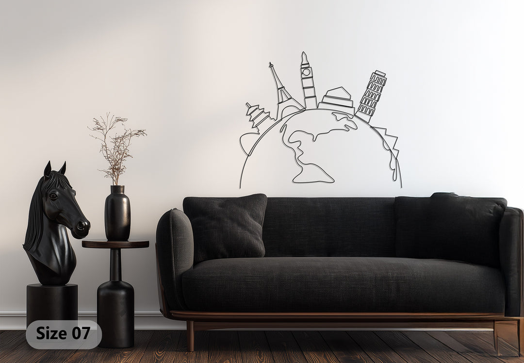 Black global landmarks metal wall decoration