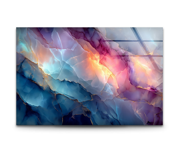 The striking color contrast of deep blues, fiery oranges, and vivid pinks in this abstract marble best glass art creates a radiant display.