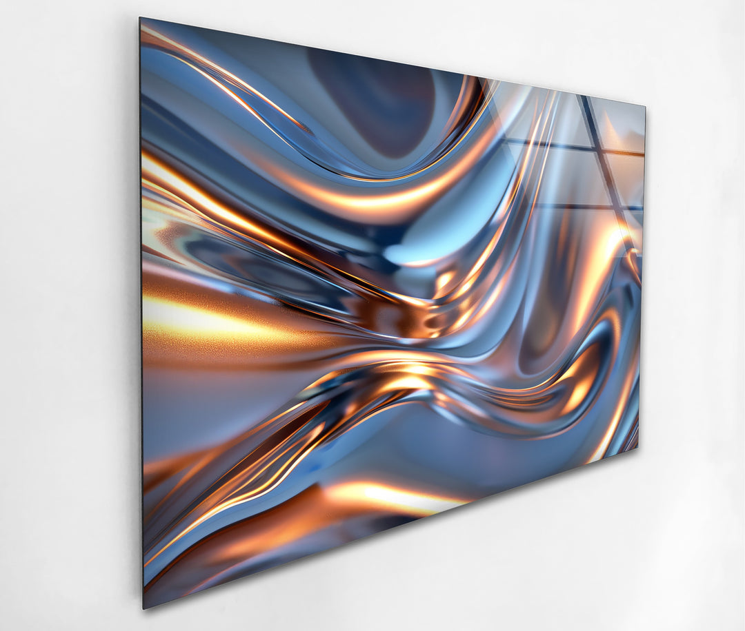 Arctic Ember Alloy – Abstract Silver & Copper Wave Glass Wall Art