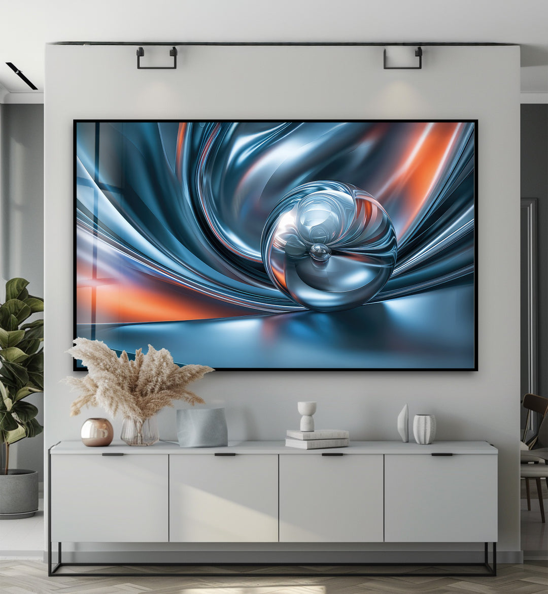 Chromatic Sphere Drift – Abstract Blue Silver Orb Glass Wall Art