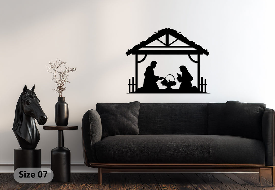 العائلة المقدسة في الإسطبل – مشهد ميلاد المسيح فن جداري معدني