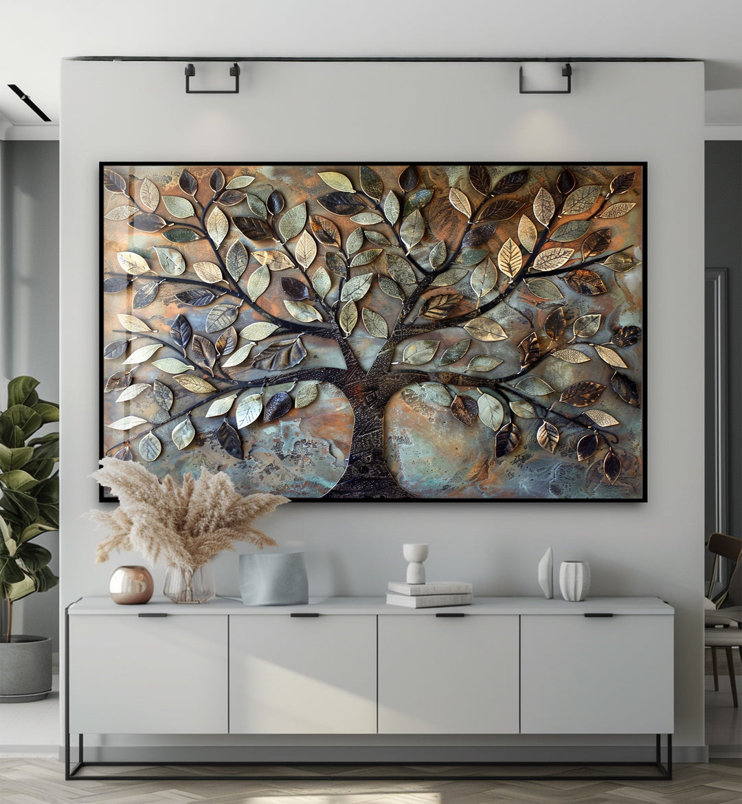 Verdant Bronze Tree – Textured Nature-Inspired Glass Wall Art