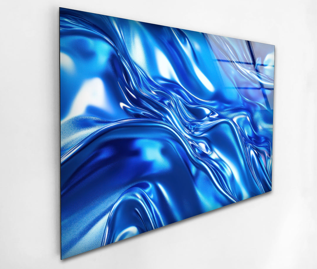 Cobalt Fluid Mirage – Abstract Blue Chrome Glass Wall Art