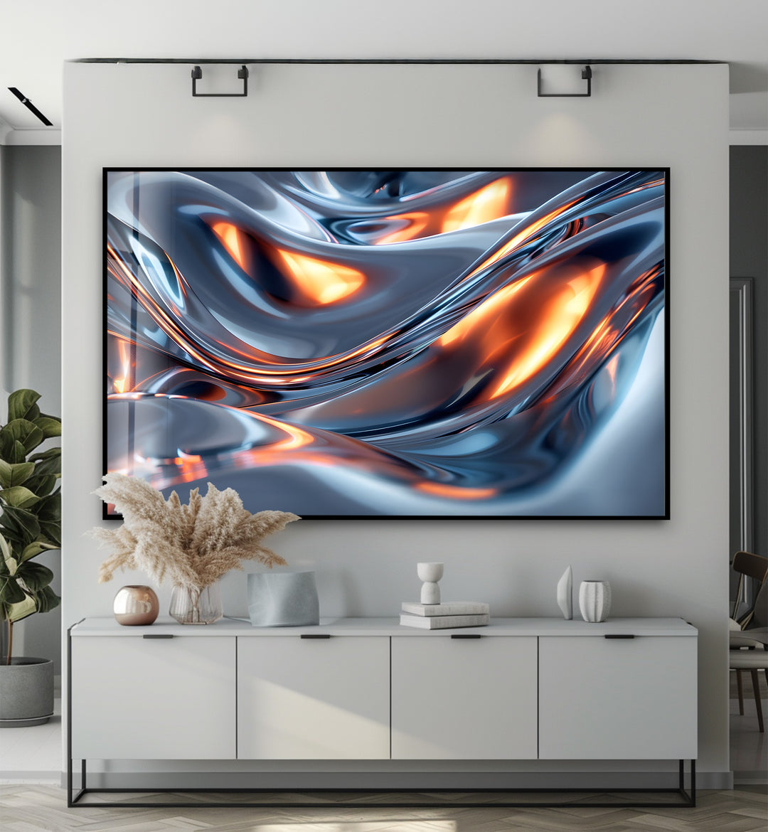 Solar Chrome Surge – Abstract Silver & Ember Flow Glass Wall Art