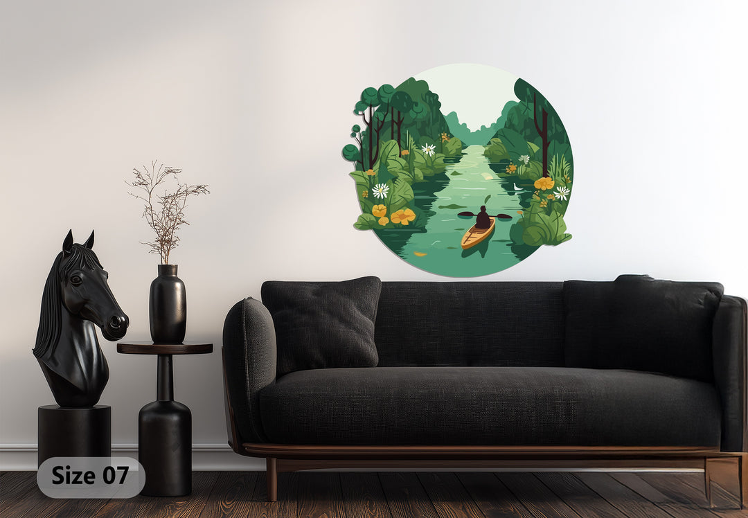 Tranquil Journey – Kayaker in Green Forest River Metal Wall Art