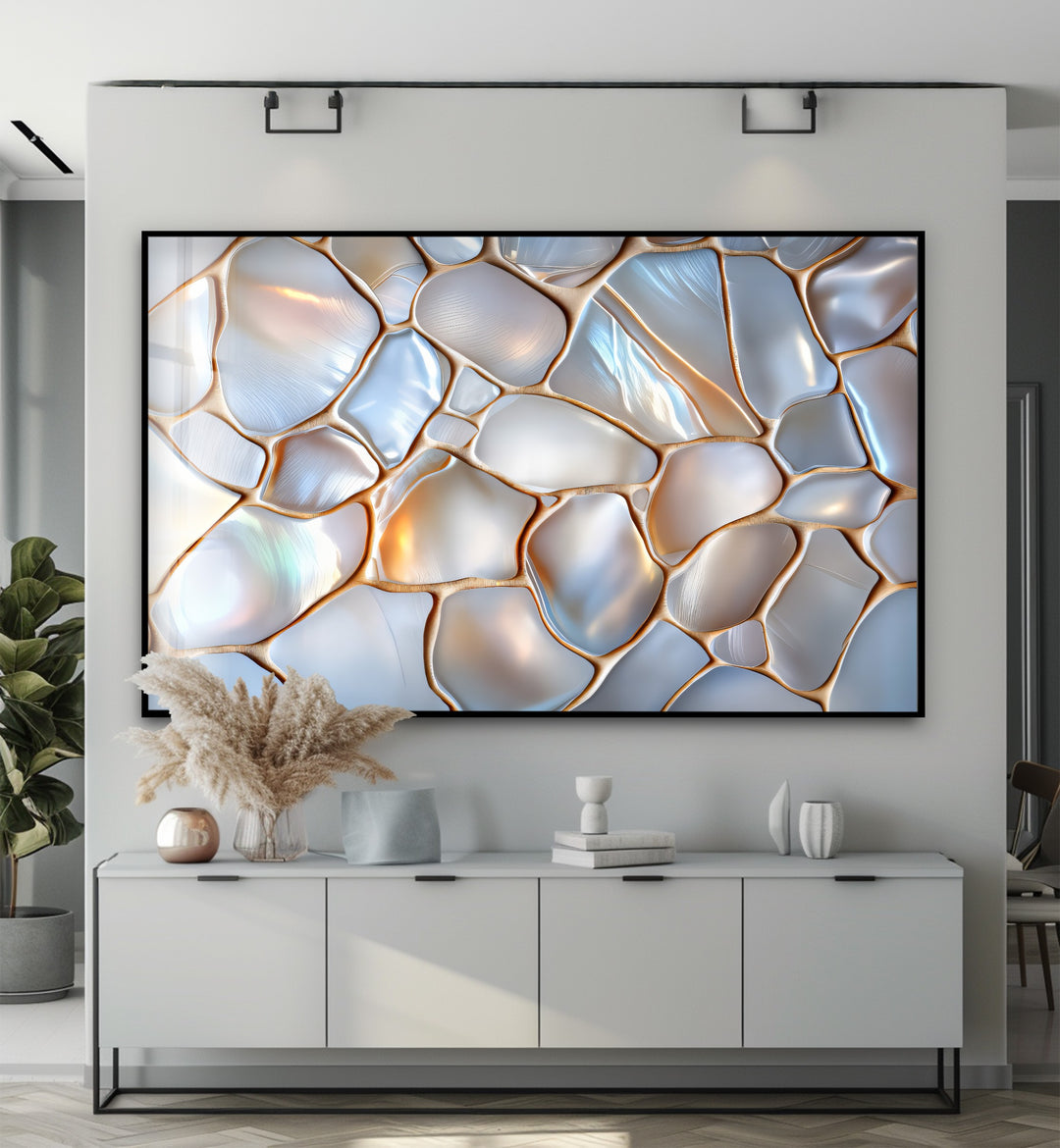 Luminous Stonescape – Iridescent Pebble Glass Wall Art