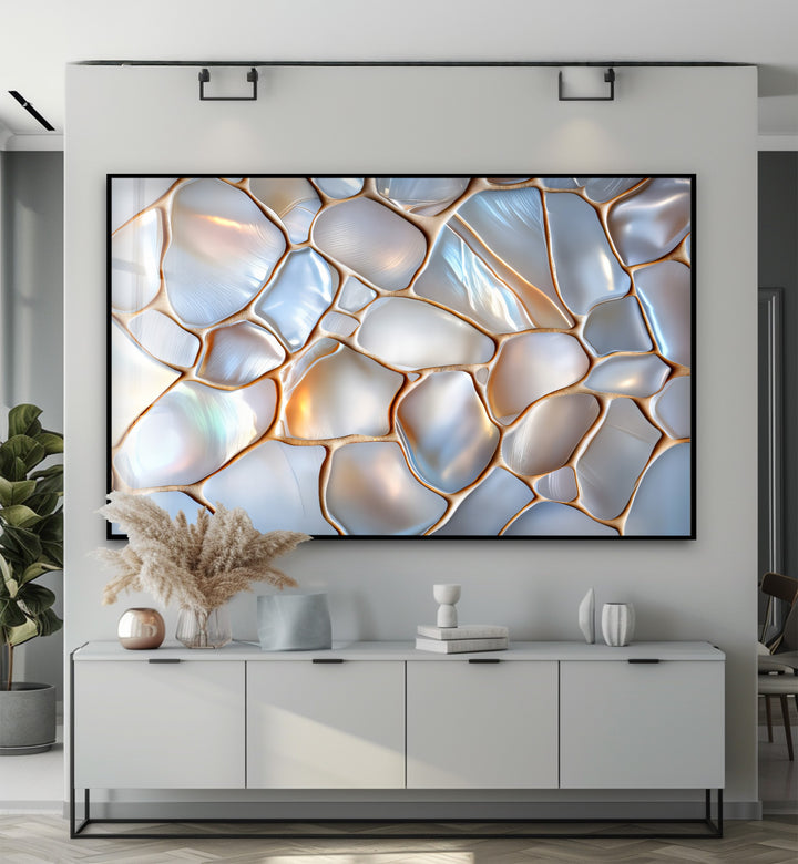 Luminous Stonescape – Iridescent Pebble Glass Wall Art