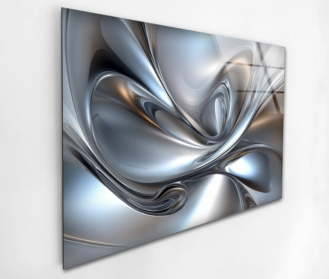 Polar Chrome Drift – Abstract Silver Fluid Glass Wall Art