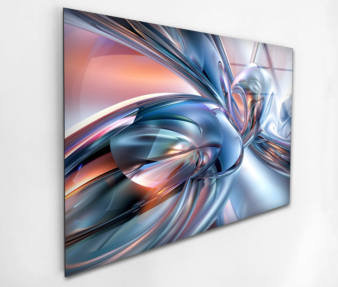 AeroChrome Fusion – Abstract Silver & Sky-Blue Motion Glass Wall Art