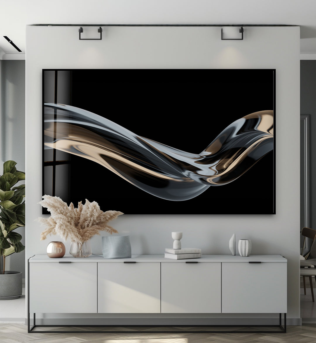 Ebony Silk Wave – Minimalist Metallic Flow Glass Wall Art