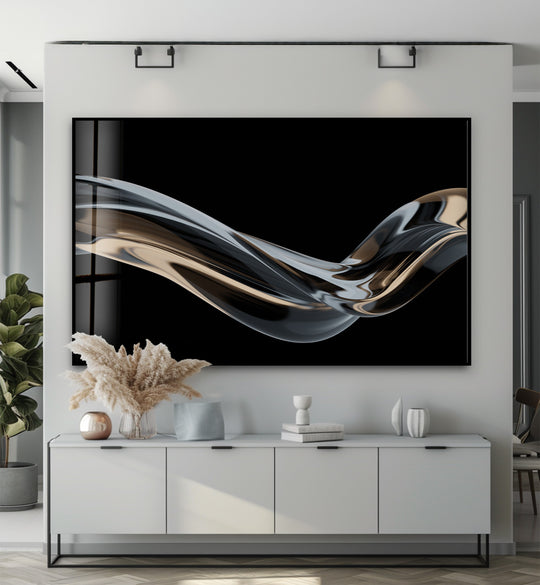 Minimalist metallic flow on ebony silk glass art painting creates a dynamic, luxurious focal point.