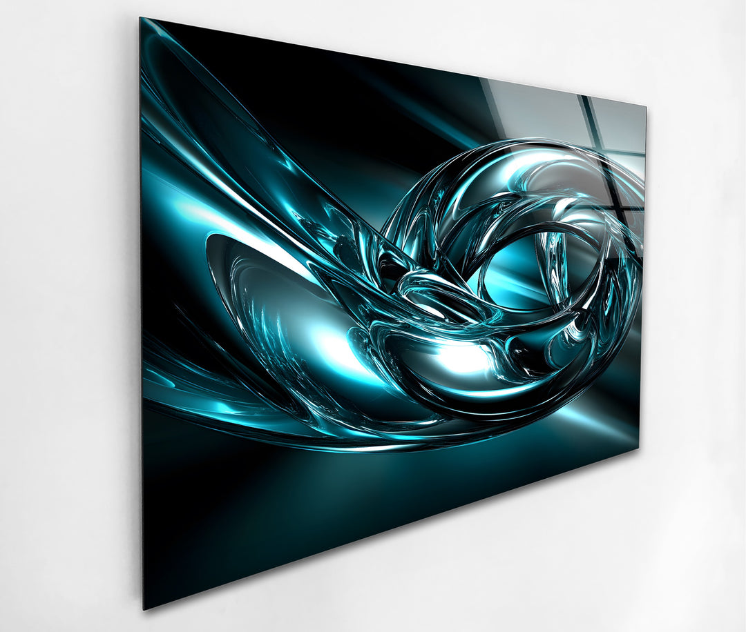 Aqua Vortex Chrome – Abstract Teal Metallic Motion Glass Wall Art
