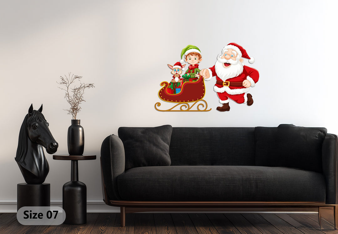 سانتا وجولة الزلاجة مع الجان - لوحة جدارية لعيد الميلاد