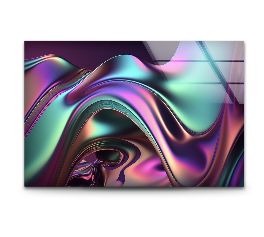Iridescent Wave Mirage – Neon Chrome Flow Glass Wall Art