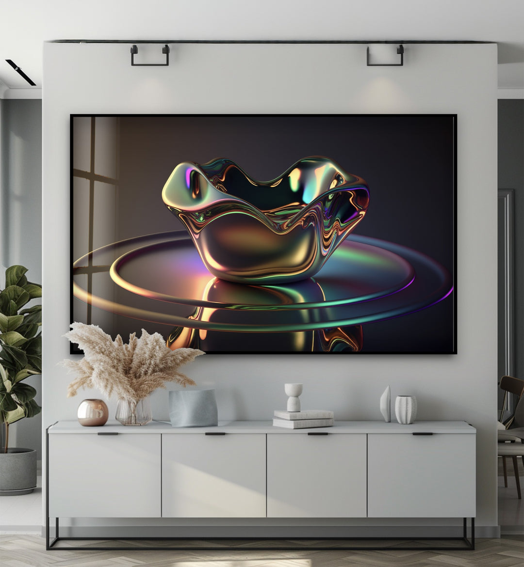 Iridescent Sculpted Bloom – Futuristic Chrome Bowl Glass Wall Art