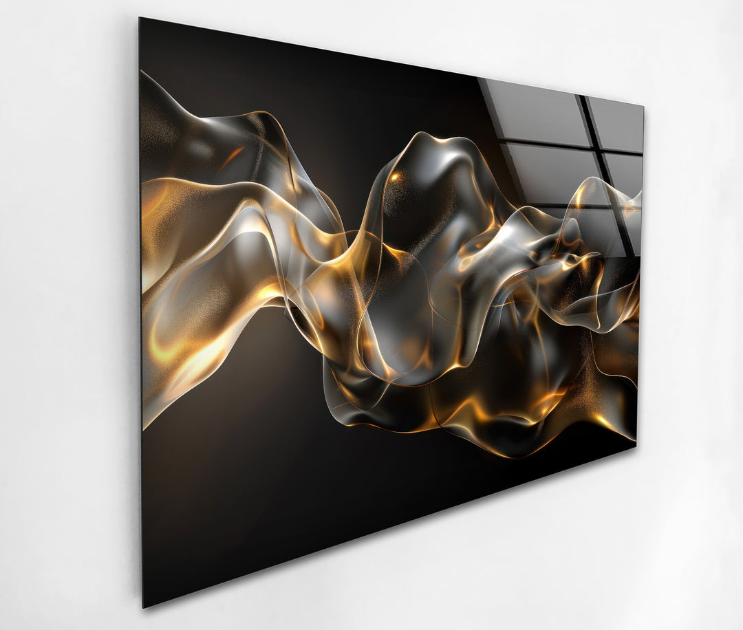 Golden Ember Veil – Abstract Smoke Wave Glass Wall Art