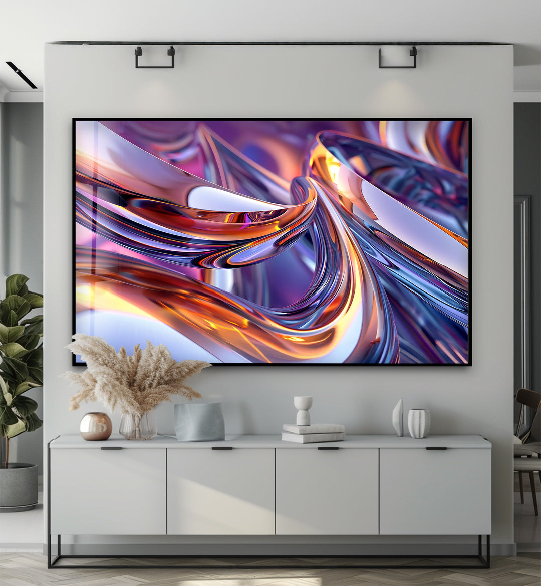 Prismatic Ribbon Fusion – Abstract Chrome Swirl Glass Wall Art
