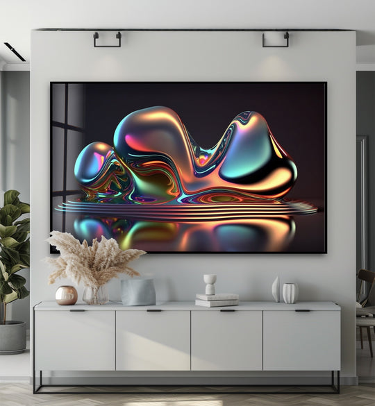A mesmerizing glass wall art of an iridescent chrome form with a smooth, liquid-like surface texture.
