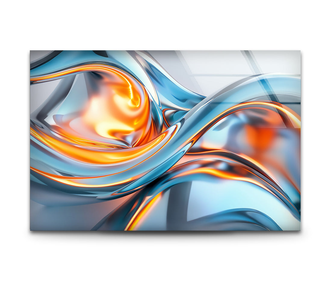 Solar Frost Fusion – Abstract Blue & Orange Chrome Glass Wall Art