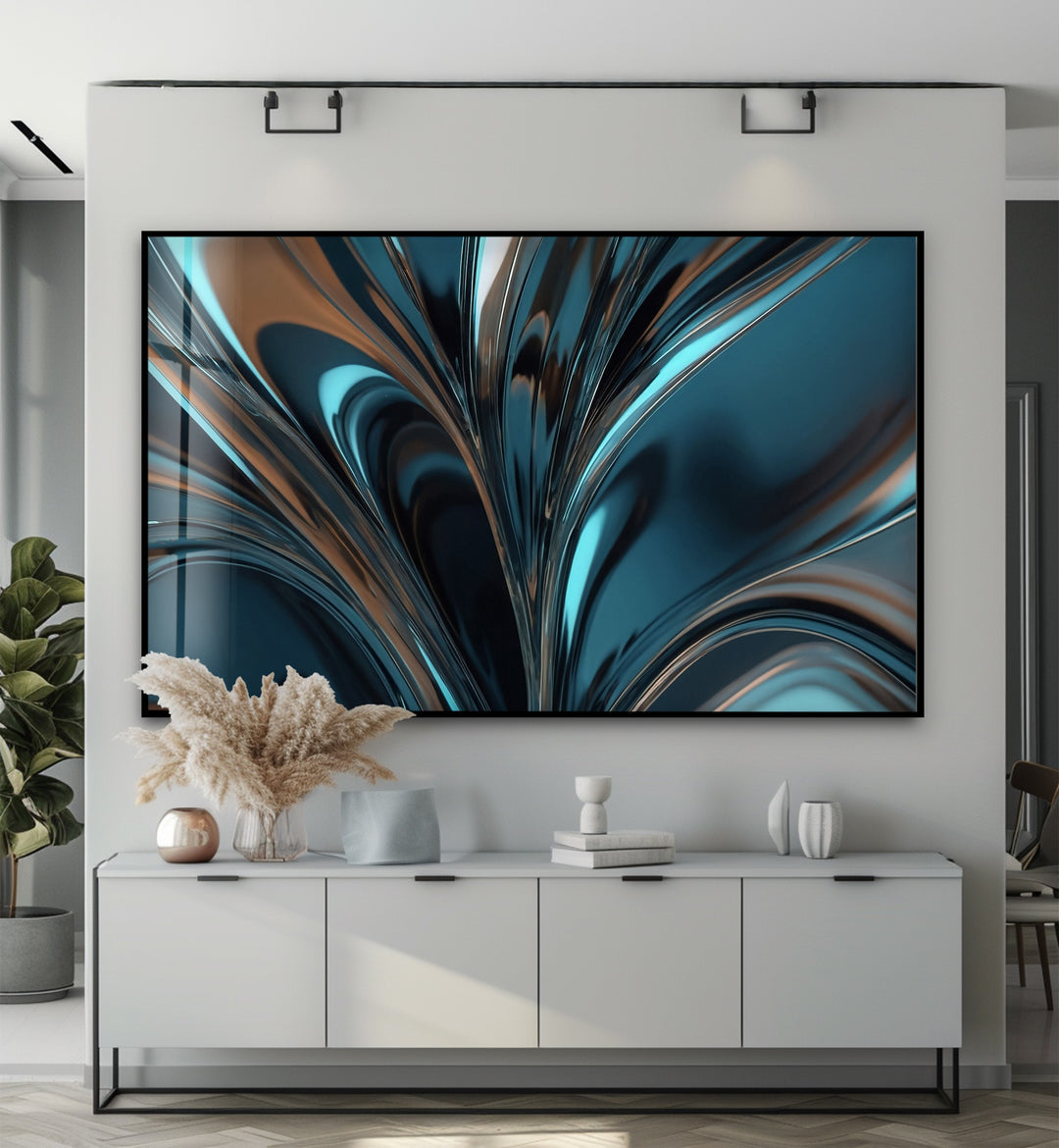 Midnight Aqua Surge – Abstract Teal Chrome Glass Wall Art