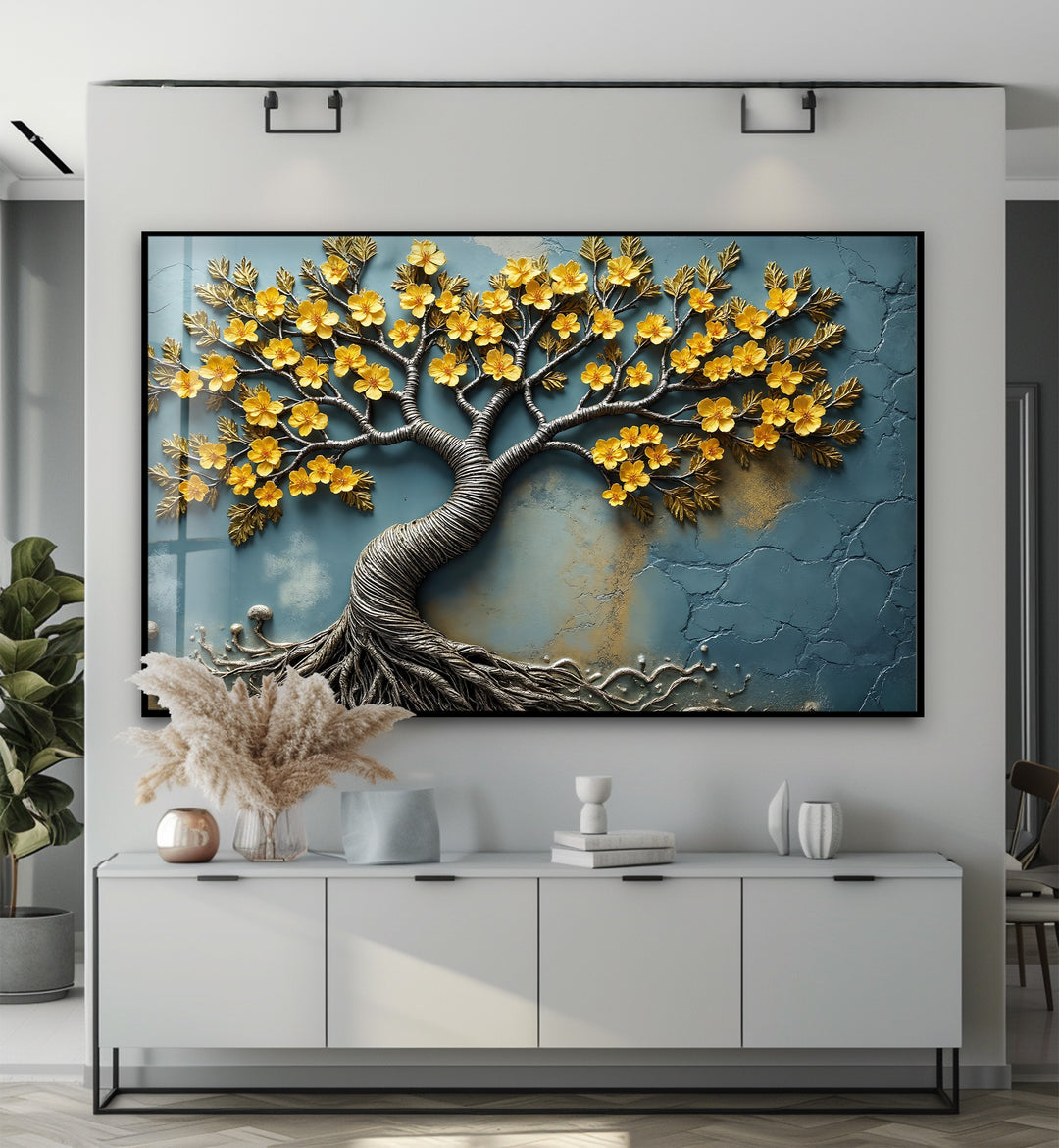 Golden Blossom Roots – Textured Floral Tree Glass Wall Art