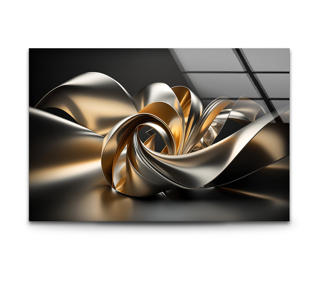 Golden Helix Flow – Abstract Metallic Ribbon Glass Wall Art