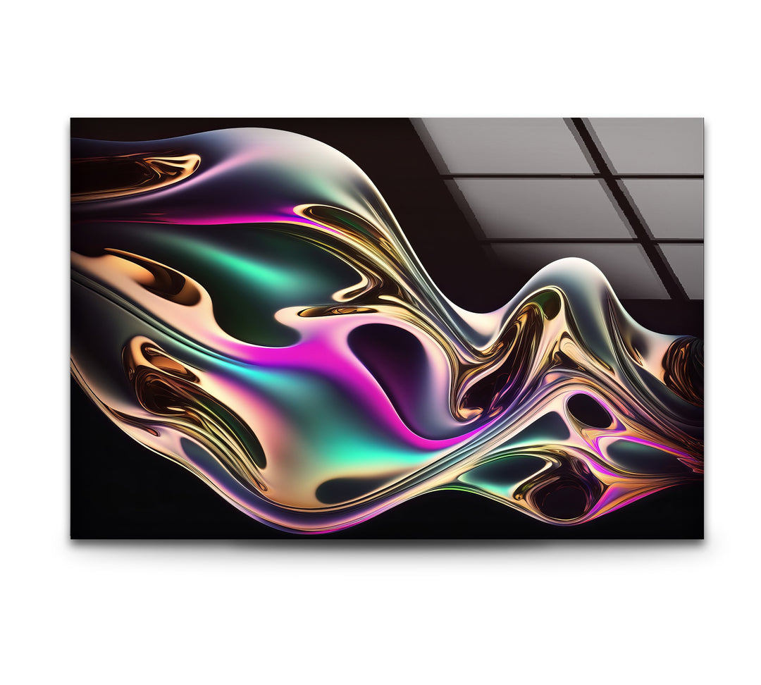Neon Mirage Flow – Iridescent Metallic Wave Glass Wall Art