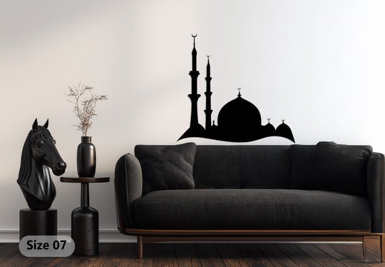 High color contrast defines the minimalist black mosque silhouette, a captivating piece of metal wall decor showcasing majestic minarets and elegant domes.