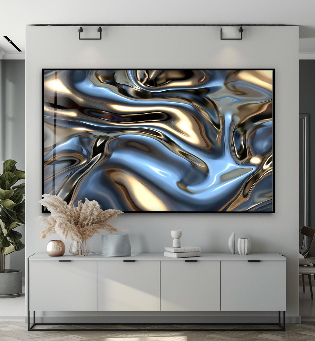 Celestial Metal Drift – Abstract Silver & Gold Fluid Glass Wall Art