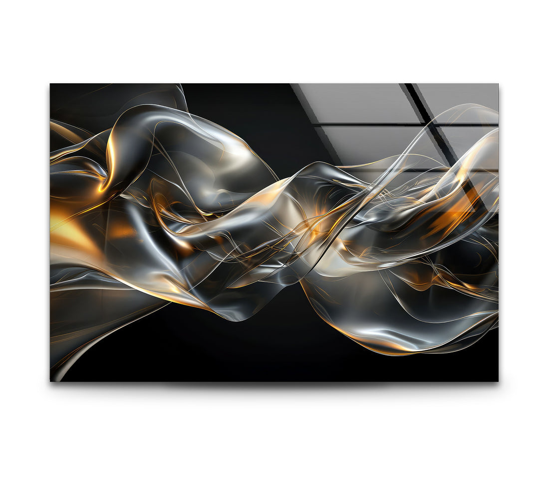 Midnight Ember Drift – Abstract Smoke Gold Glass Wall Art